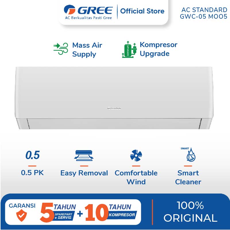 GREE AC STANDARD - AC 1/2 PK - GWC-05MOO5/ GWC05MOO5/ GWC 05MOO5   - KOMPRESSOR UPGRADE - PUTIH (Uni