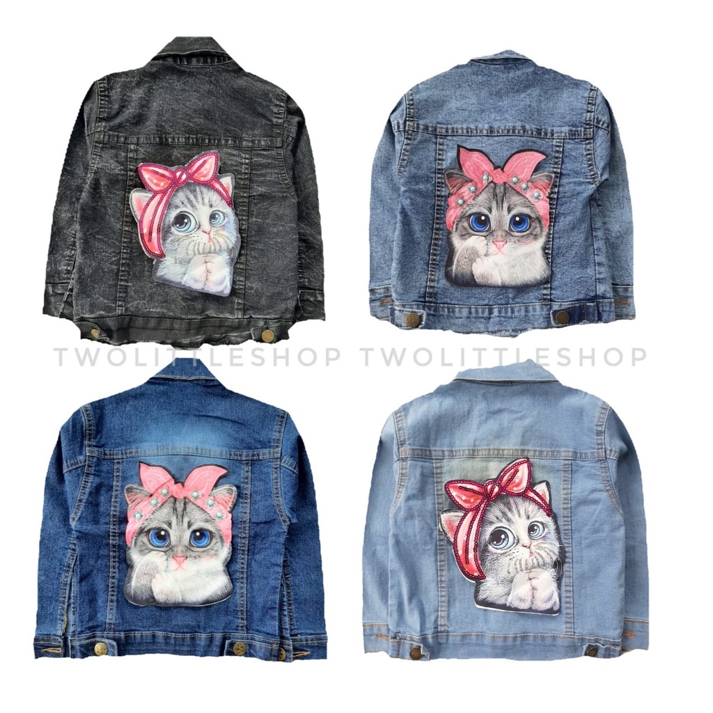 jaket jeans anak bleusandwash, black sandwash, bio blitz, biowash motif kucing LED