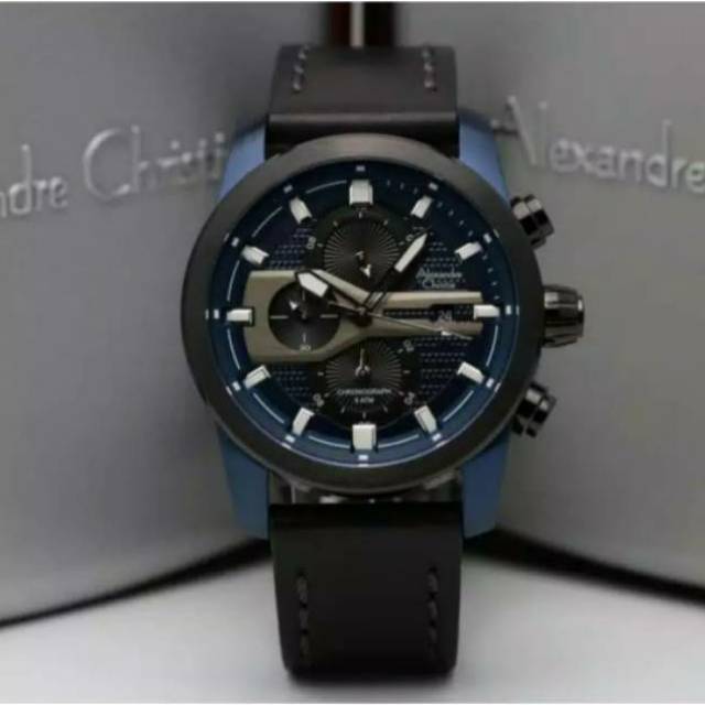 Jam Tangan Pria Original Alexandre Christie AC 6270 MC Black Blue Black Lether Garansi resmi 1 thn