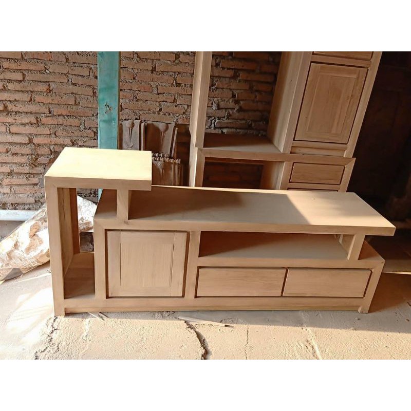 meja bufet tv minimalis kayu jati mentah termurah