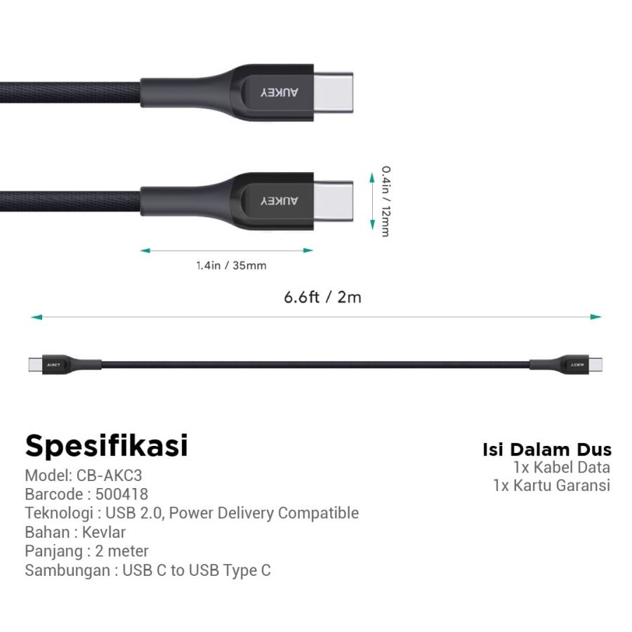 Aukey Cable CB-AKC4 USB C to C 2m Kevlar Material