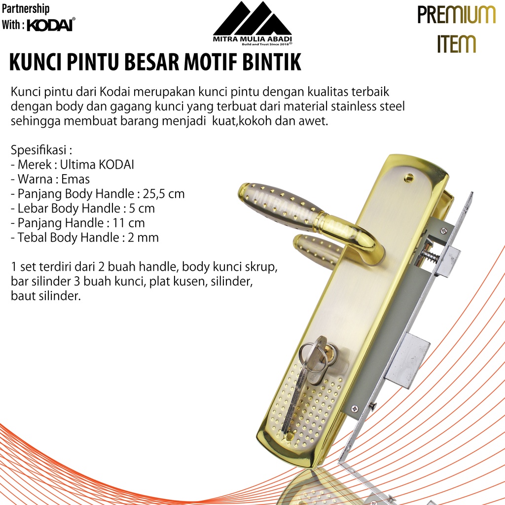 Kunci Pintu Besar Emas Ultima by KODAI | Gagang Bulat Bintik | Full Set