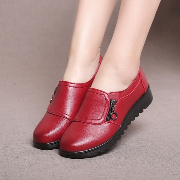 Fashion Wanita Baru Kasual Kulit Flat Zipper Loafers Sepatu Perahu - Sepatu Wanita