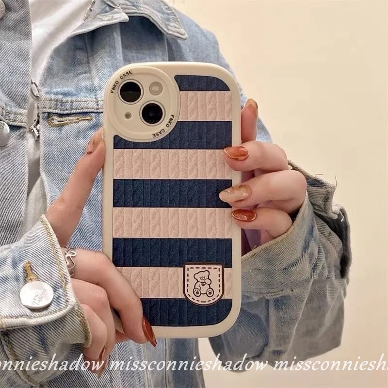 Redmi A1 10 9T 9A 9 10C 9C NFC Mi POCO M3 F4 K40s X3 Pro X3 NFC Redmi Note10 8 9 9s 10s 11Pro 11 11s 9Pro 10Pro Max Kartun Beruang Lucu Rajut Stripe Splicing Pattern Cover
