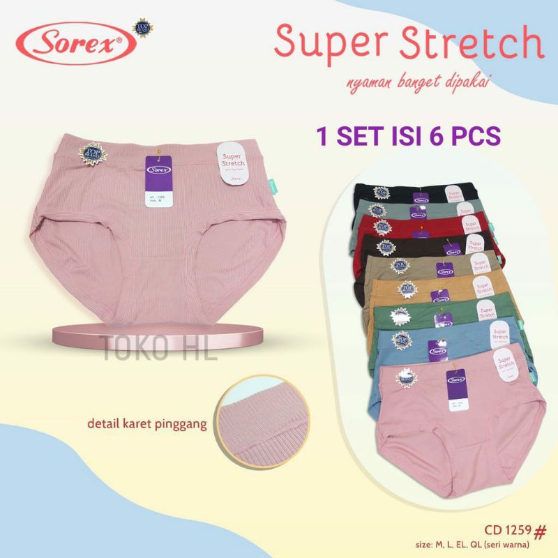 6 PCS / Setengah Lusin CD Sorex 1259 Basic Celana Dalam Wanita Super Stretch