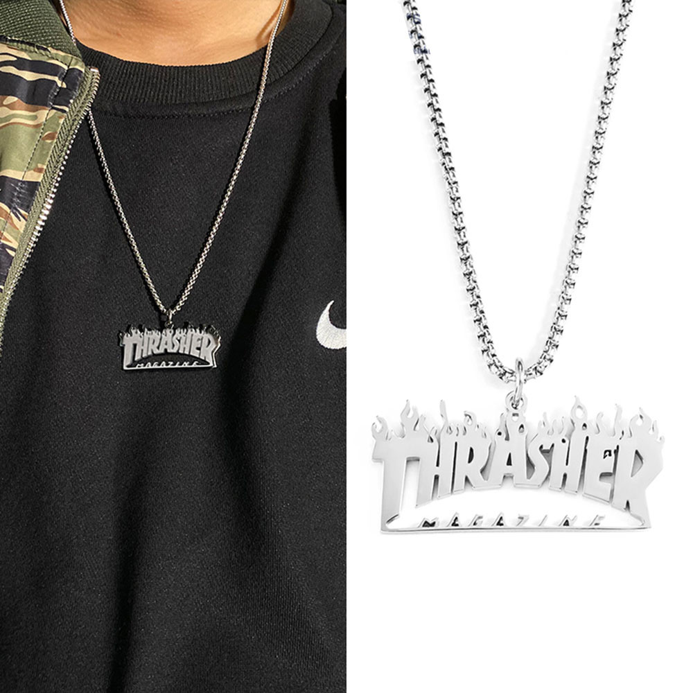 【COD Tangding】Kalung Rantai Dengan Liontin Api Thrasher Majalah Gaya Hip Hop Untuk Pria