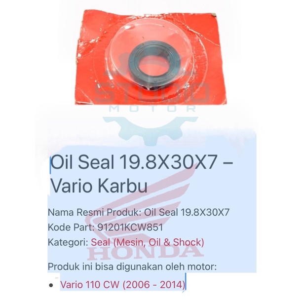 91201KCW851 Oil Seal Kruk As Kanan Rh Sil Magnet Vario 110 Karbu 19.8X30X7 Vario Techno 110 Karburator