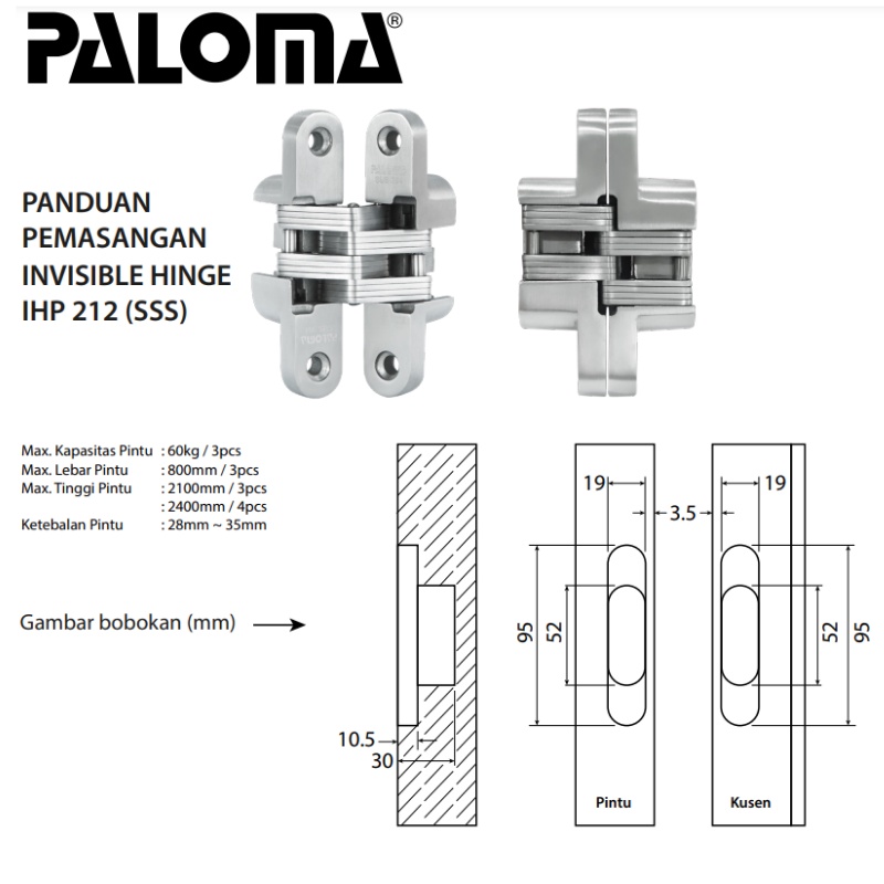 PALOMA IHP 212 INVISIBLE HINGE ENGSEL TANAM P50 STAINLESS STEEL