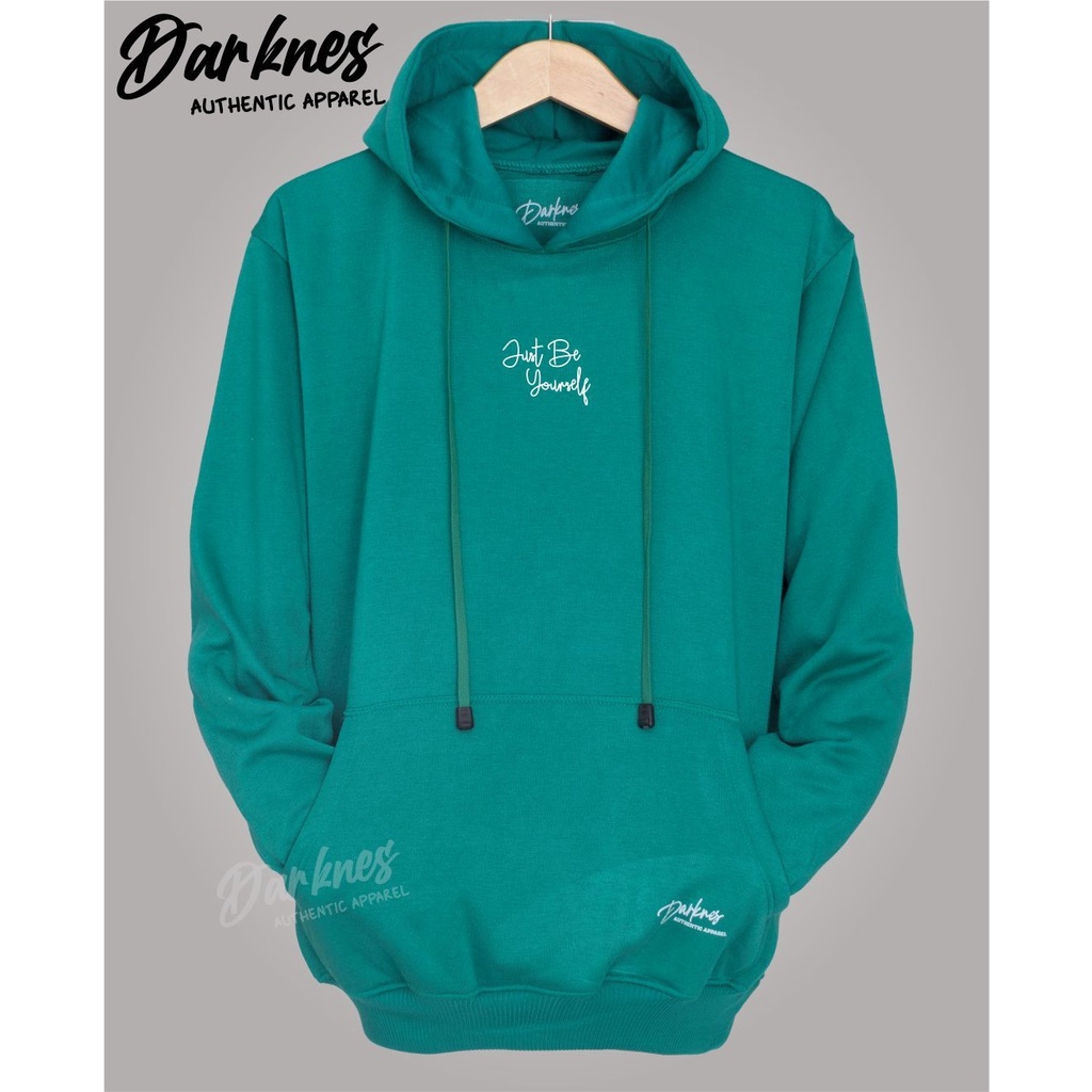 Sweater hoodie cowo original distro Drakness premium size M L XL XXL warna tosca list JUST BE YOURSELF jaket hoodie pria dan wanita dewasa keren