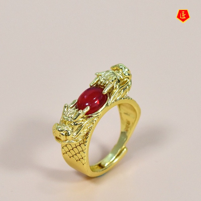 [Ready Stock]Gold Inlaid with Jade Gem Two Dragons Open Ring