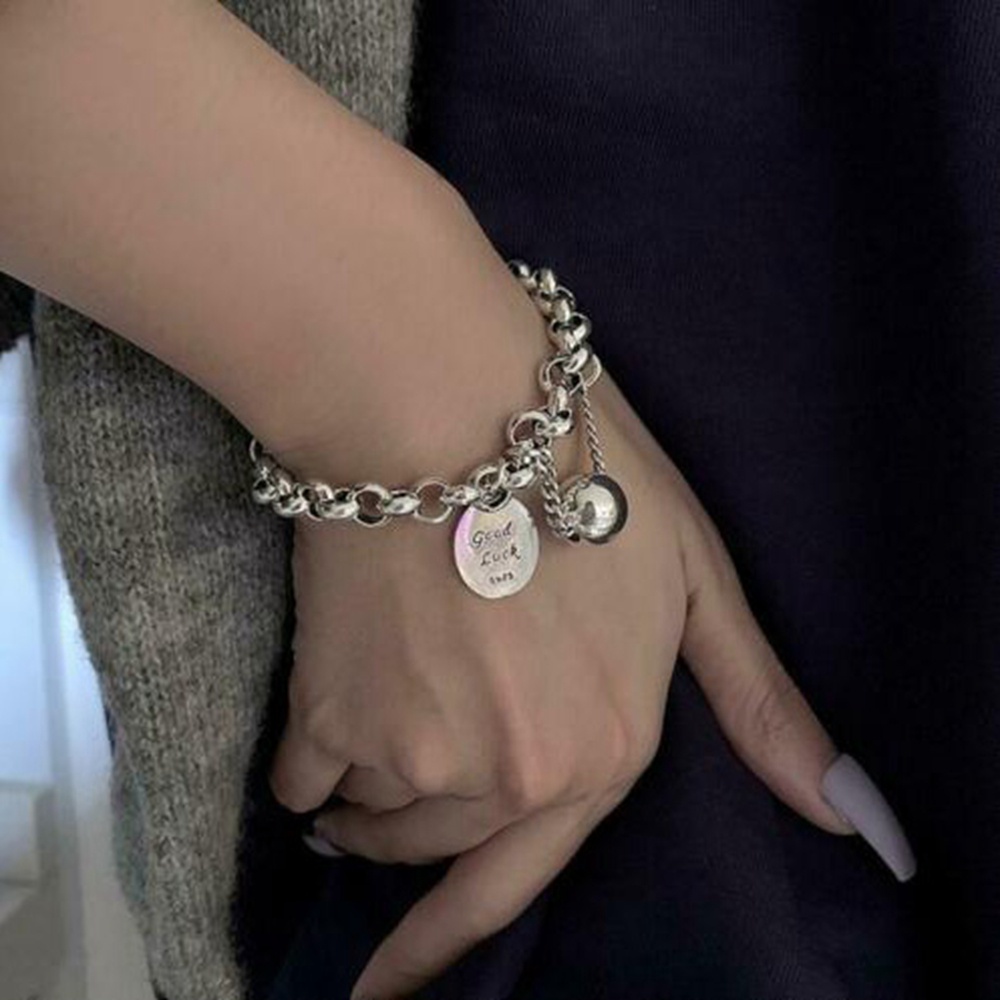 1pc Gelang Rantai Manik-Manik Keberuntungan Warna Silver Untuk Wanita