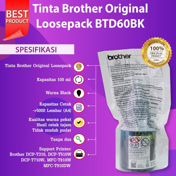 Tinta Brother Btd60Bk Btd60 Bt D60 Black Printer T310 T510 T710 T310W