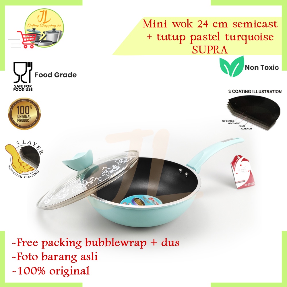 mini wok 24cm supra warna pastel Turquoise + tutup kaca / panci penggorengan