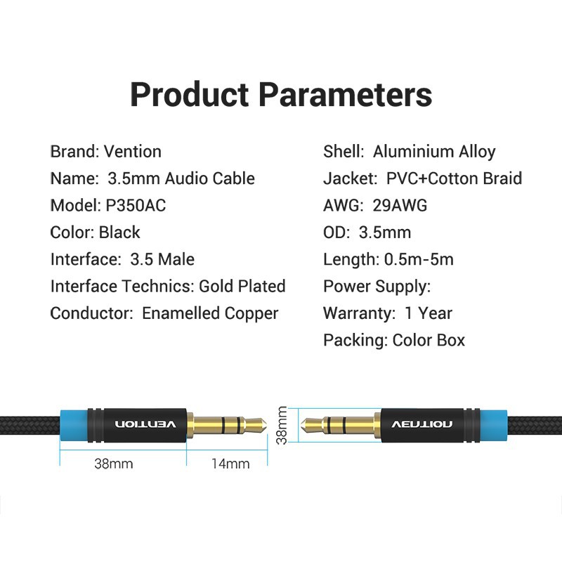 Vention P350AC - 2M kabel Audio Aux 3.5mm Kabel pengganti headphone