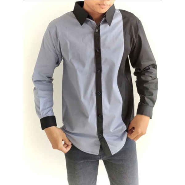A564 Kemeja Pria, Kemeja Lengan Panjang Pria, Kemeja Cowok, Kemeja Two Tone Pria