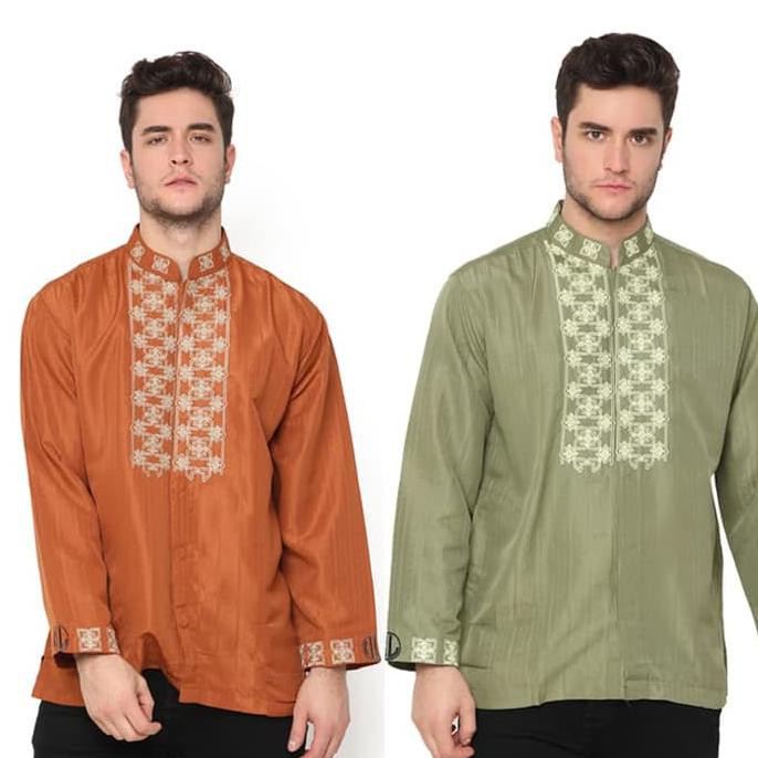Baju Koko Pria Lengan Panjang Motif Bordir - Lotus - Hijau Muda, M Sintashop45
