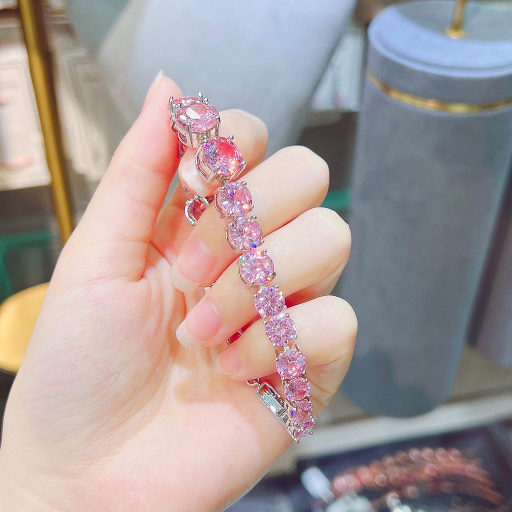 Gelang Bahan Stainless Steel Hias Kristal Berlian Zirkon Warna Pink Untuk Wanita