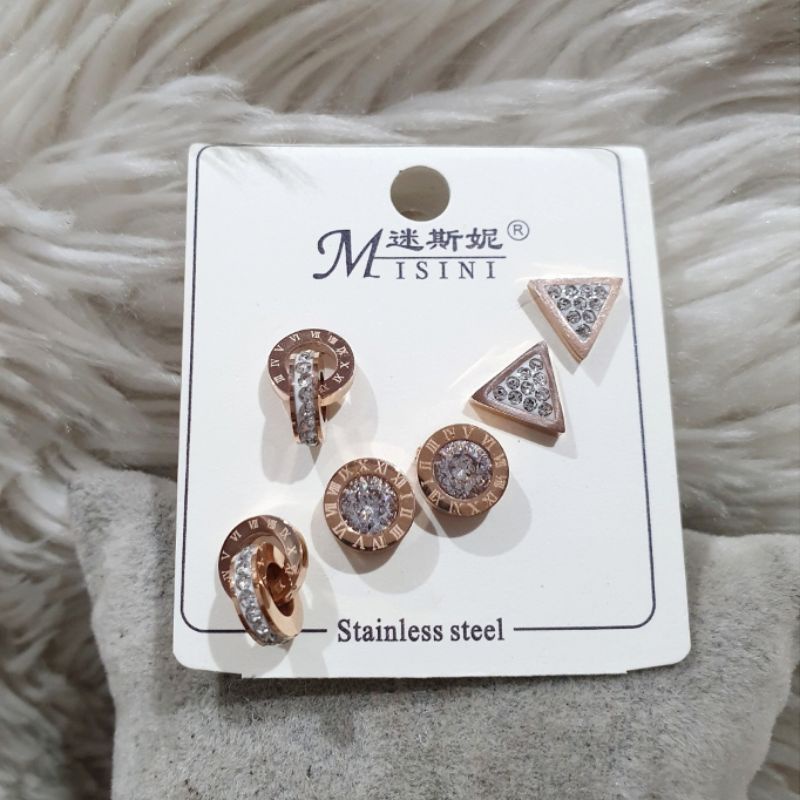 Anting Titanium Set 1kap isi 3 pasang anting Titanium asli Premium Quality Anti Karat Anti Alergi Anting Stainless steel Ori T820