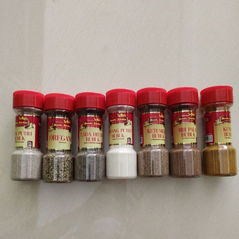 

bumbu kitchen lada putih/oregano/lada hitam/bawang putih/ketumbar/biji pala/kunyit bubuk