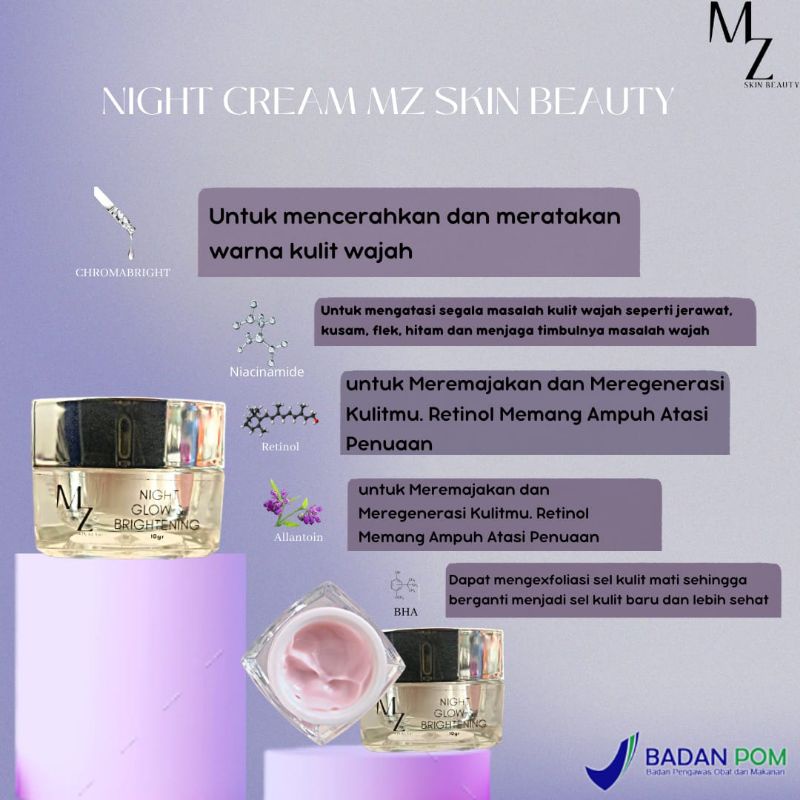 NIGHT CREAM GLOW & BRIGHTENING BY MZ SKIN BEAUTY BPOM