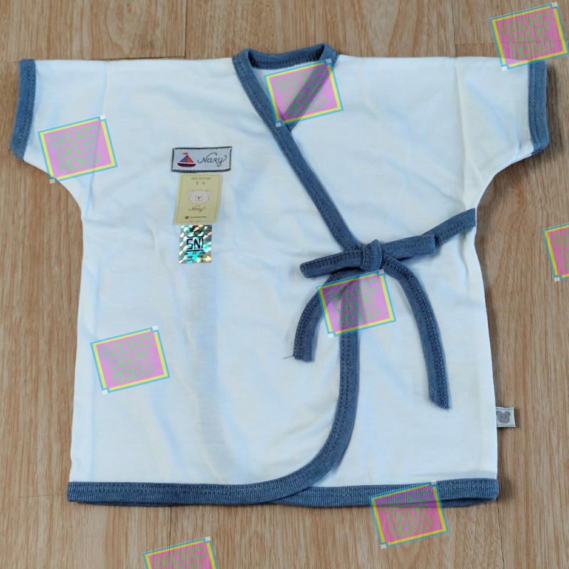 Baju Bayi Kimono Pendek NARY Size 0-3 / 3-6 bulan Warna / Putih Katun Premium Newborn SNI (KPDK)-Putih-Bis DenimBiru