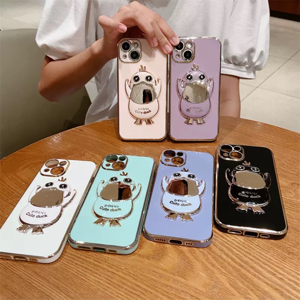 Cute Psyduck Case for Samsung A04S A23 A13 4G A03 A03S A02S A21S A12 A11 A20S A52 A52S A50 A50S A30S M11 M12 Cases Plating Duck Folding Stand Holder Rubber Soft Phone Cover