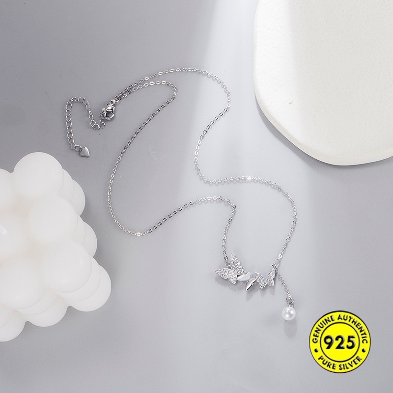 Kalung Rantai Sterling Silver 925 Dengan Liontin Kupu-Kupu + Mutiara + Berlian Untuk Wanita