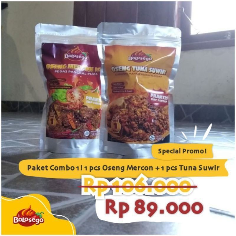 

BOLOSEGO - PAKET COMBO 1! - 1 pack Oseng Mercon Iga Sapi dan 1 pack Tuna Suwir Pedas