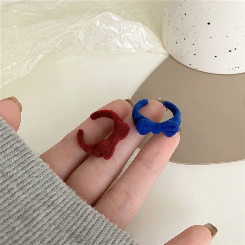 Cincin Model Terbuka Bahan Velvet Desain Beruang Warna Biru Pink Coklat