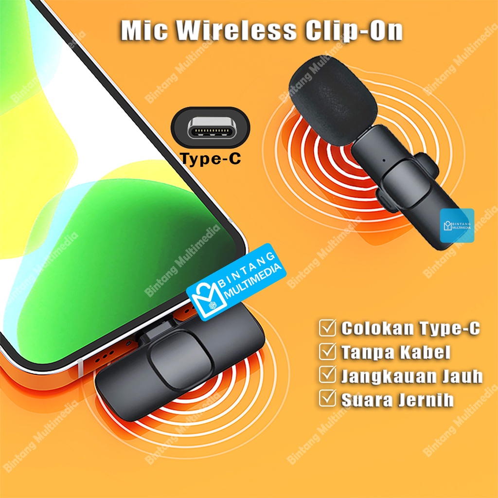 Mic Wireless Clip On Hp Laptop Type C Microphone Wireless Klip Tanpa Kabel Mikrofon Vlog Podcast You