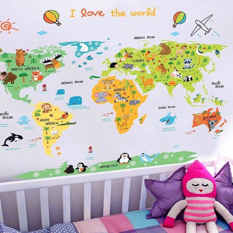 STIKER DINDING DEKORASI KAMAR INTERIOR RUANGAN BELAJAR BERMAIN ANAK BAYI PETA DUNIA I LOVE THE WORLD