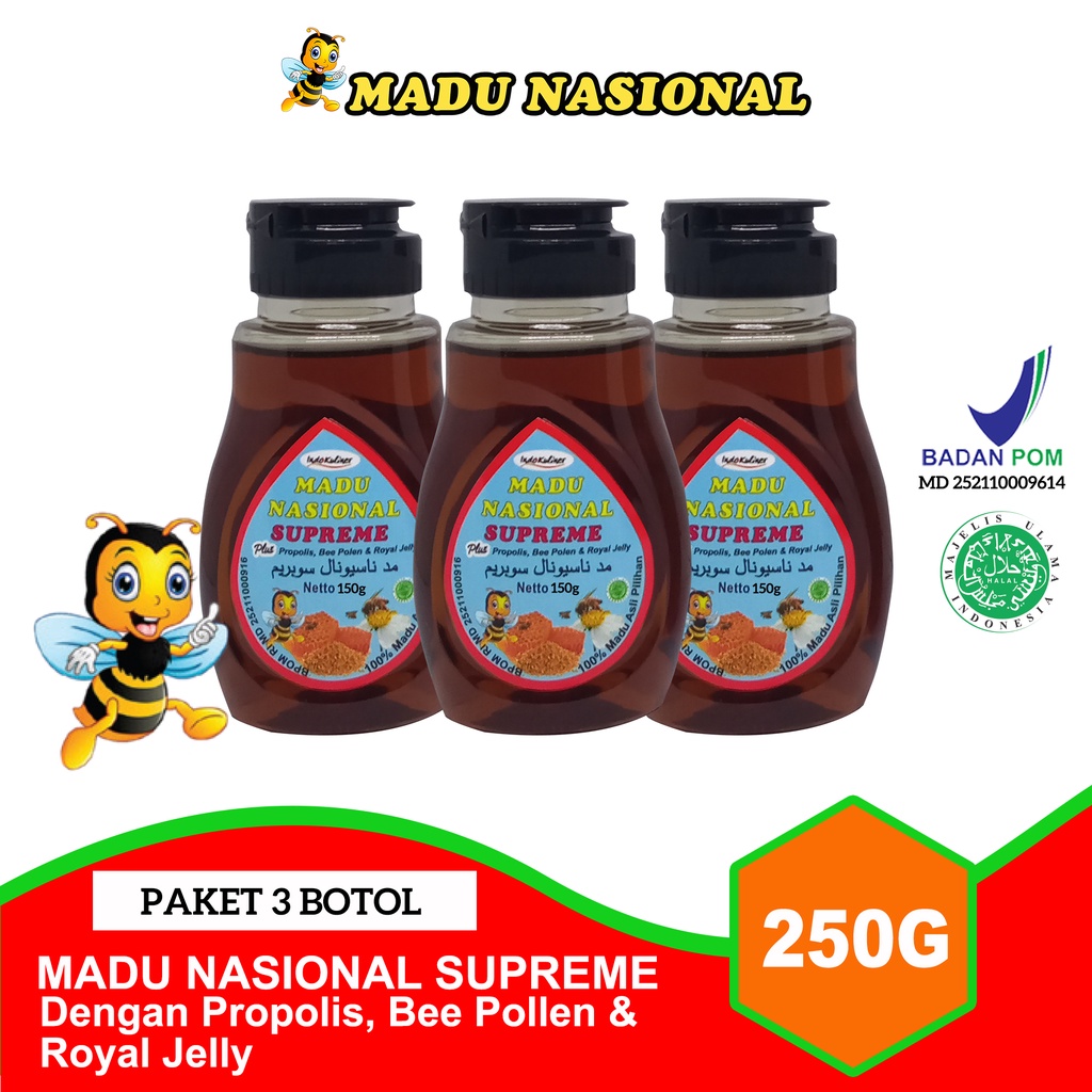 

Madu Nasional Supreme Extra Propolis Royal Jelly Bee Polen 250 Gram ASLI Madu SIdr + Madu Hutan Kalimantan - 3 Botol