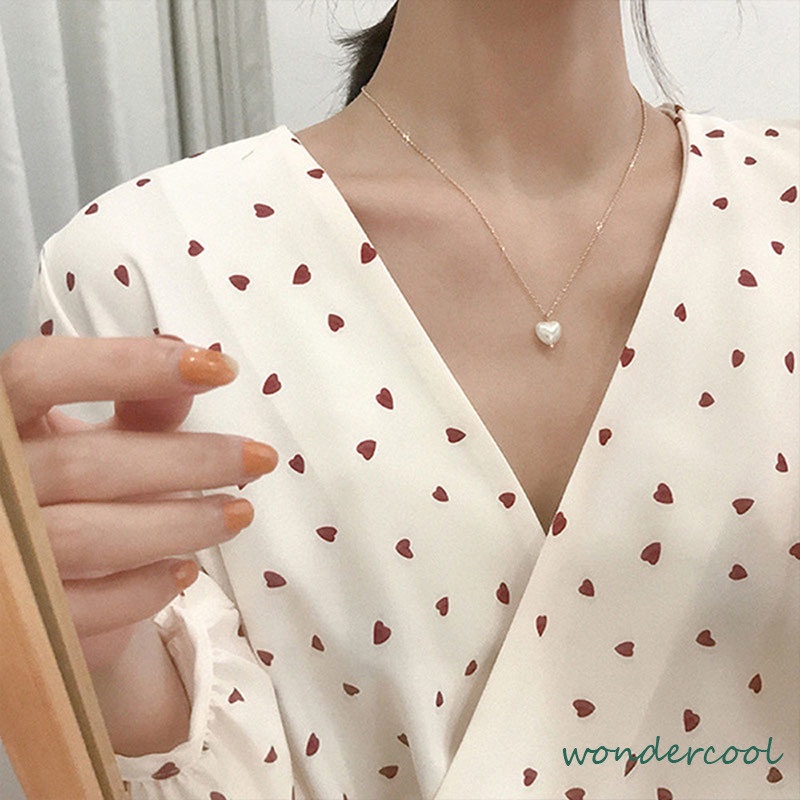 Kalung Rantai Clavicle Desain Hati Hias Mutiara Aksesoris Wanita-Won