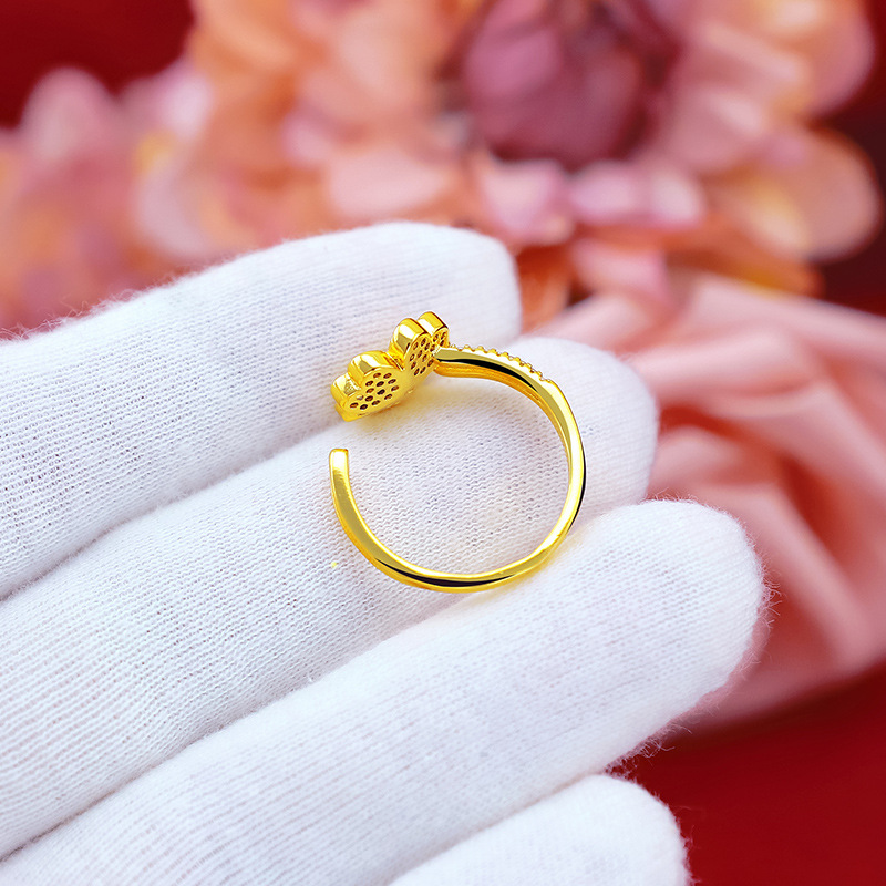 Cincin Lapis Emas Asli Kadar 375 Model Terbuka Desain Clover Aksen Berlian Gaya Korea Untuk Wanita