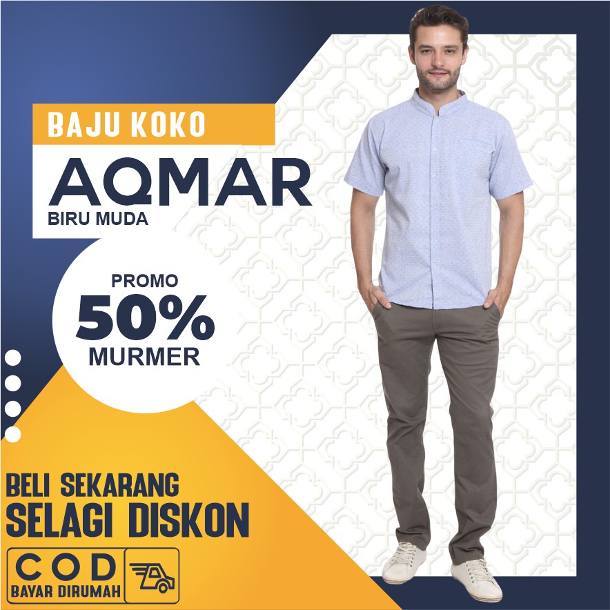 BAJU KOKO PRIA DEWASA AQMAR ATASAN MUSLIM PRIA KEMEJA KOKO LENGAN PENDEK WARNA BIRU MUDA KEKINIAN