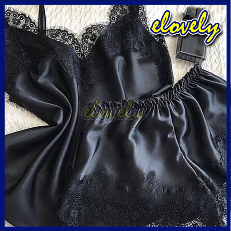 Elovely Lingerie Sexy Hot Pakaian Dalam Wanita Set Lingerie Celana Renda Seksi + Tank Top Set Baju Tidur Malam | L021-black