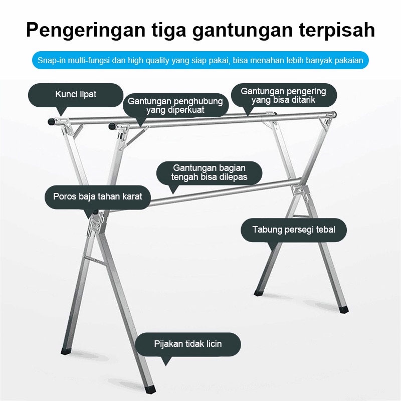 (COD) Jemuran Baju Lipat Stainless Steel Jemuran Pakaian Anti Karat Kuat Tempat Jemuran Baju Portable Stainles Gantungan Baju