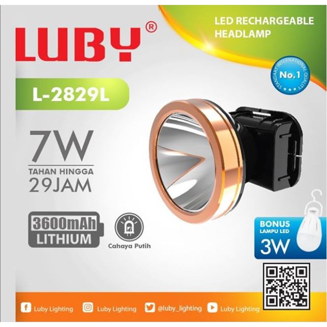 Headlamp Luby LED L2829 senter kepala 7 watt cas ulang bonus lampu led