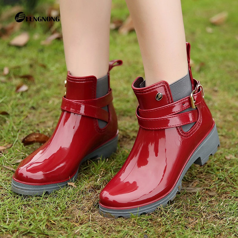 red ankle rain boots