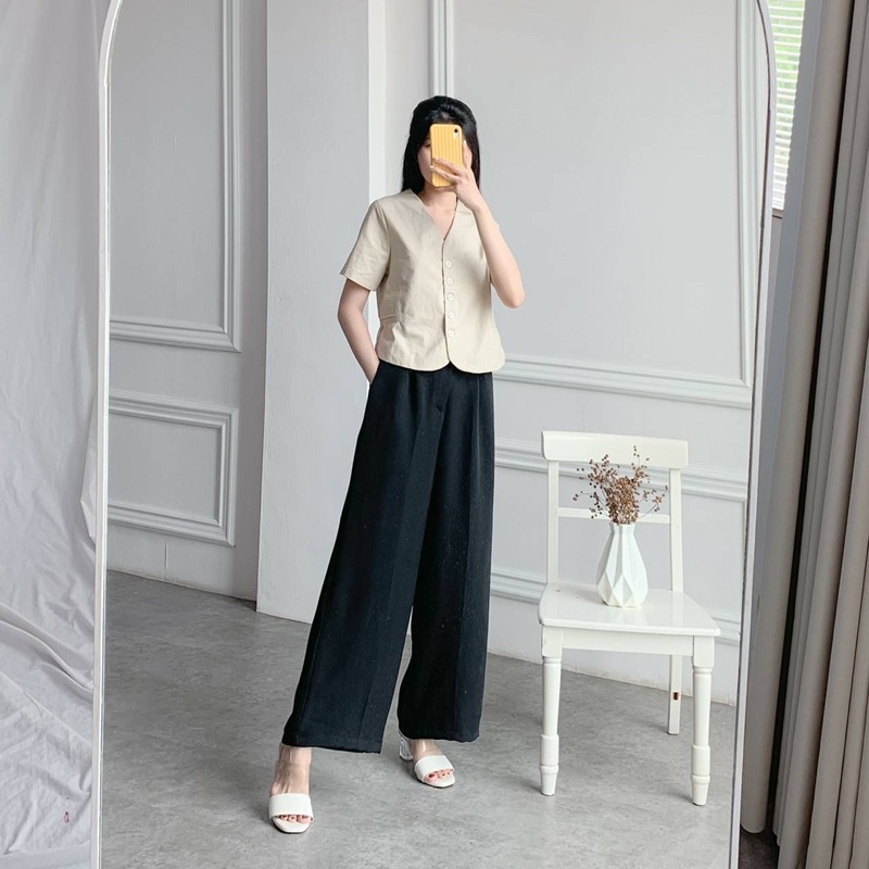 KOZZA TOP BAJU ATASAN BLOUSE WANITA LENGAN PENDEK BAHAN KATUN COTTON V NECK VNECK POLOS TOSCA ROUGE DARK PINK GREYISH BLUE ORANGE PUMPKIN WHITE BLACK-4