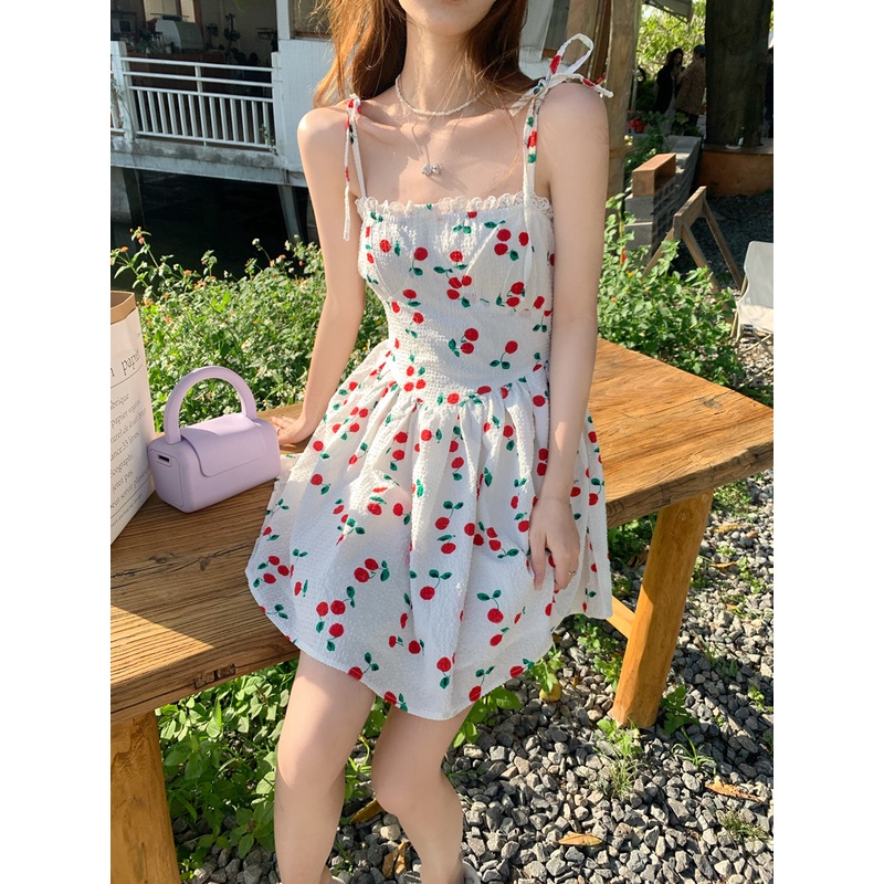 Mini Dress Putih Cherry Sling Dress Wanita Musim Panas Manis Spice Temperamen Tanpa Lengan Desain A-