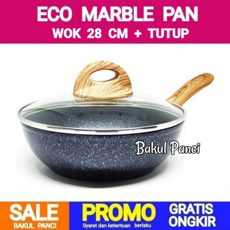 WOK MARBLE 28 CM + TUTUP KACA - YOSHIKAWA WAJAN MARBLE - WOK PAN PENGGORENGAN FRYPAN GRANITE