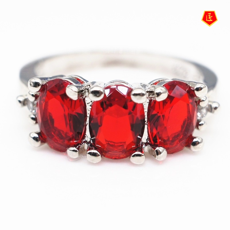 [Ready Stock]Fashion Simple 925 Silver Three Ruby Ring