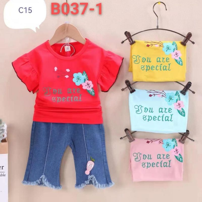 1-4 Tahun setelan Jeans Anak termurah Set Kaos Ruffle dan Celana Jeans Import Setelan anak perempuan Import