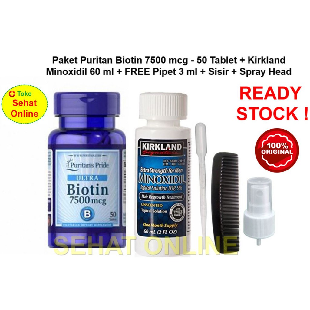 Paket Kirkland Minoxidil 60 ml + Puritan Biotin 7500 mcg 50 Tablet