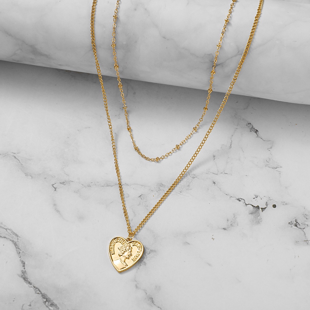 YEEZII Kalung Rantai Multilayer Dengan Liontin Hati Warna Emas Gaya Retro Untuk Wanita
