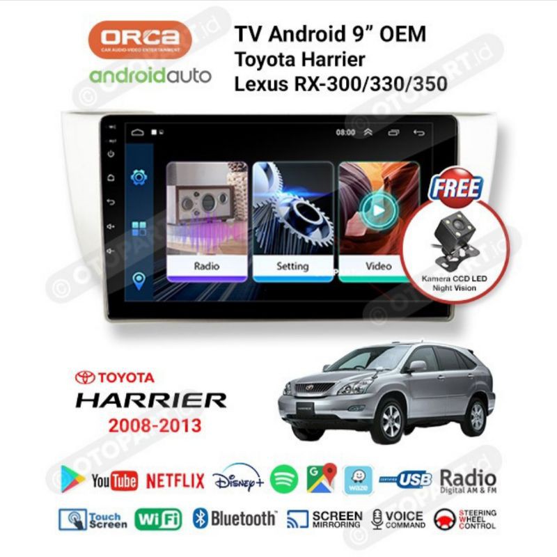 Head Unit TV Android Harrier 2008-2013 ORCA 9in + frame Oem toyota HARRIER