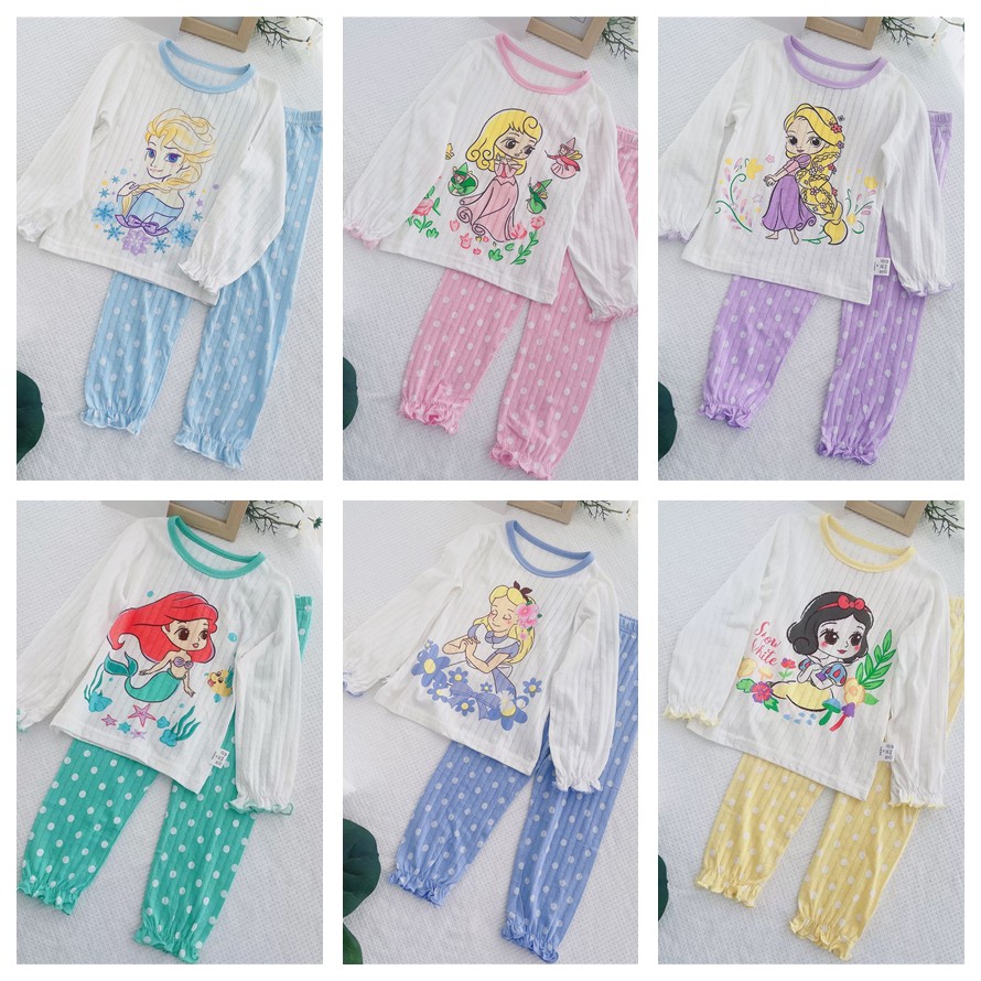 Piyama perempuan impor motif Princess Elsa/Mermaid/Alice/SnowWhite/Rapunzel/Aurora