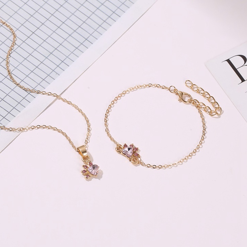 Set Perhiasan Kalung+Gelang Tangan+AntingTusuk+Cincin Telapak Kaki Kucing/Beruang Warna Rose Gold