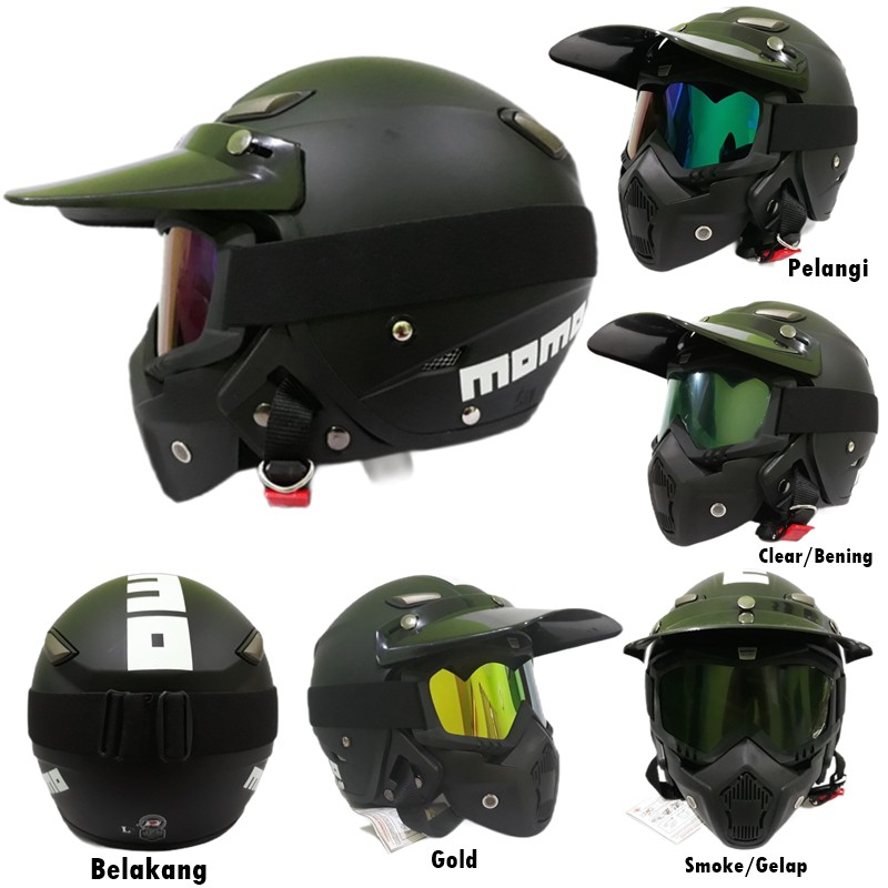 Helm Dewasa Retro Klasik Mod Shark Raw JPN MOMO Monsa Vintage Hitam Doff Goggle Mask Tali Polos Semi